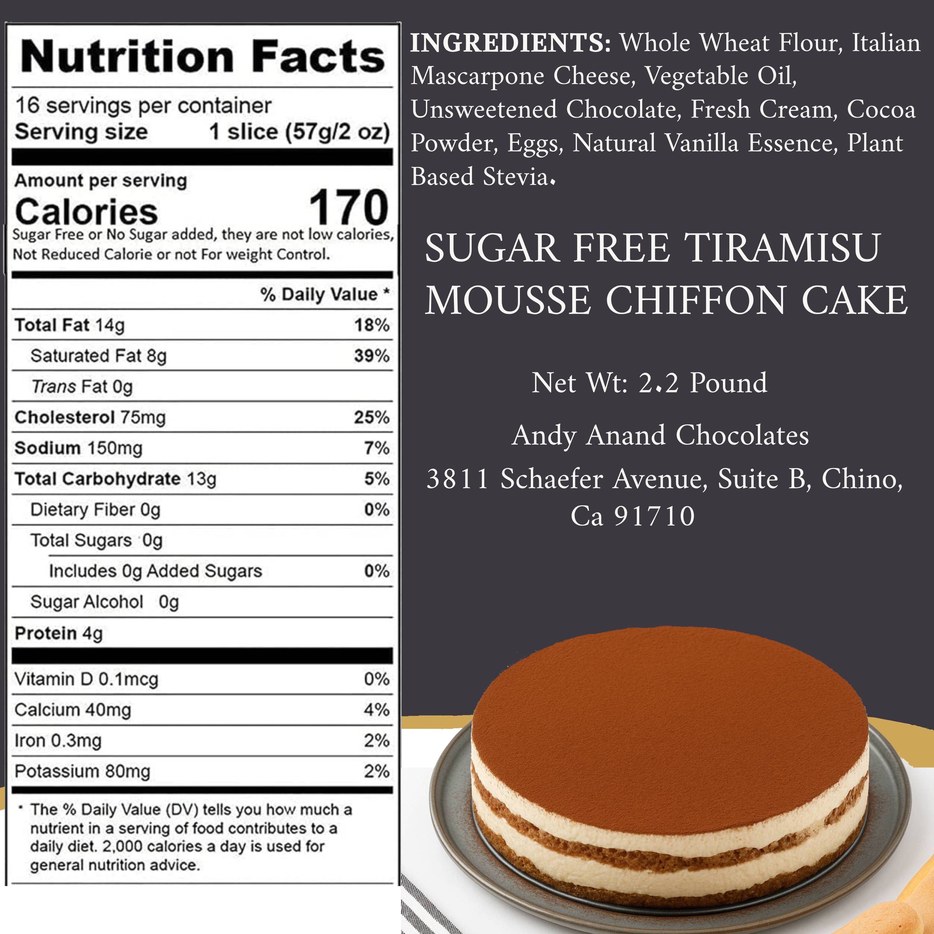 Andy Anand Sugar-Free Tiramisu Mousse Chiffon Cake, 2.2 lb – Coffee Sponge, Mascarpone Mousse, Keto & Diabetic-Friendly Birthday Gift Box
